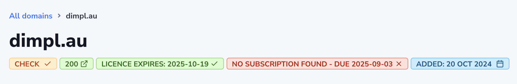 The header information at the top of each domain details page