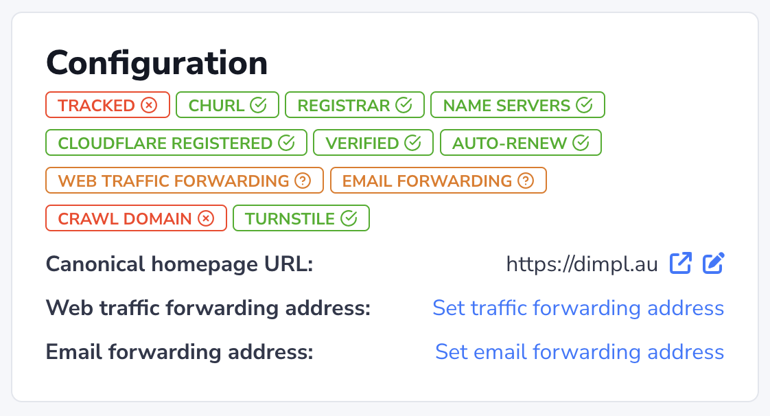 The domain Configuration box shows details of each domain's Dimpl configuration