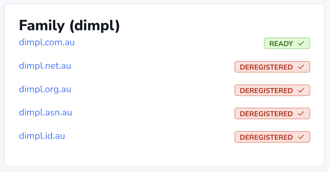 The domain Family box shows the registration status for other extensions with the same root name