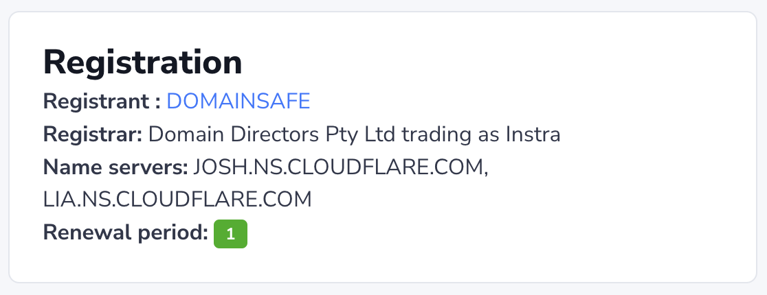 The domain Registration section shows basic registration details for the domain